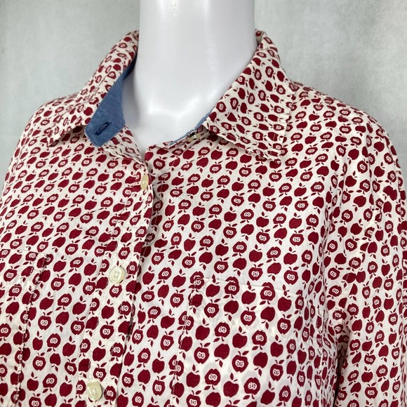 Talbots Shirt Womens Sz 10 Red White Cotton Apple Print Button Up Teacher - Picture 2 of 9